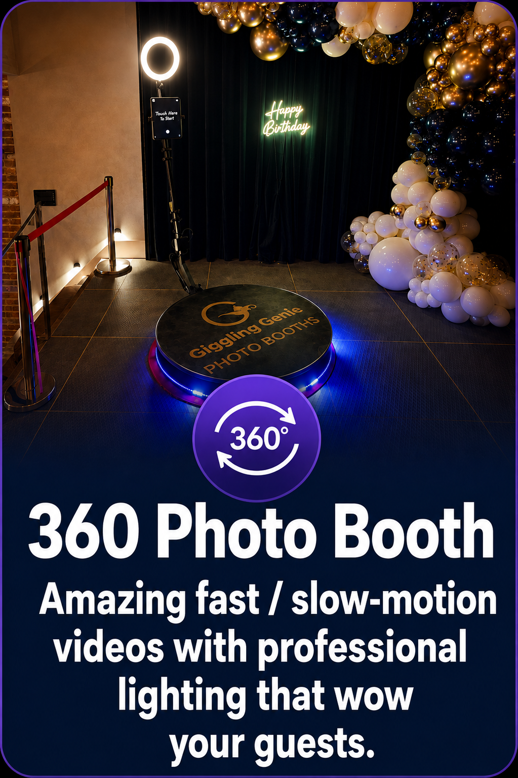 360 Photo Booth with LED lighting creating fast and slow-motion videos at a Surrey party.
