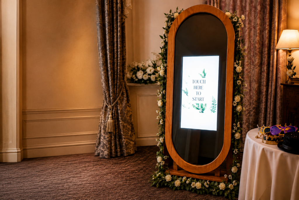 Vintage Magic Mirror wedding photo booth setup for a Nutfield Priory wedding