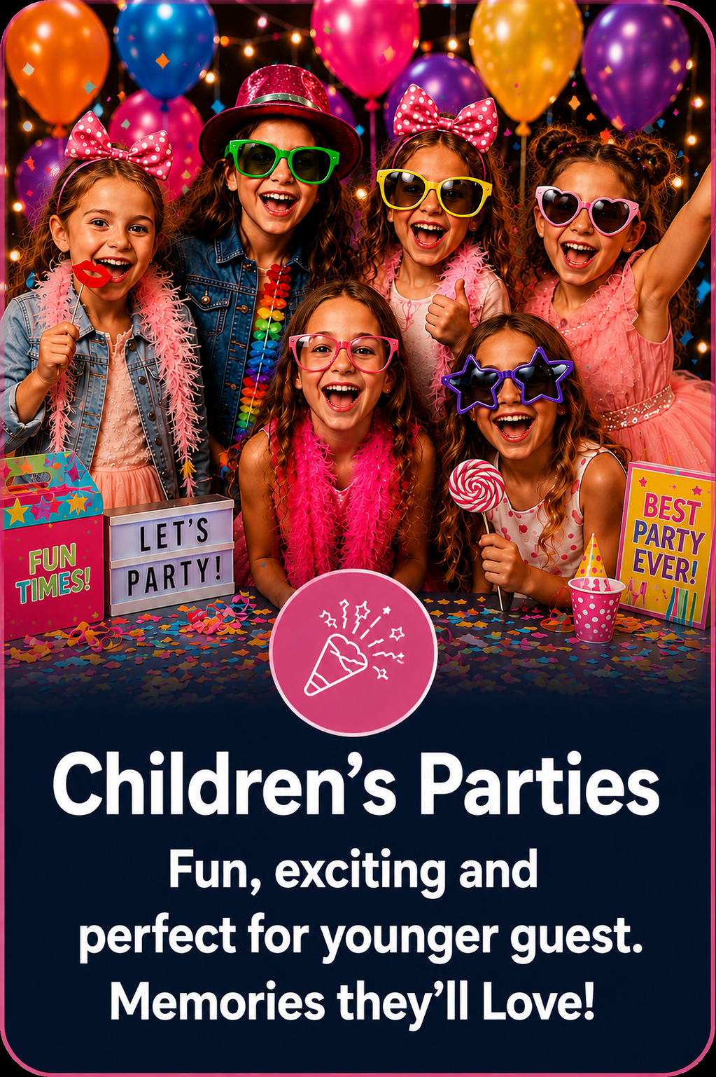 Children enjoying a fun photo booth party with colorful props and balloons in Surrey.