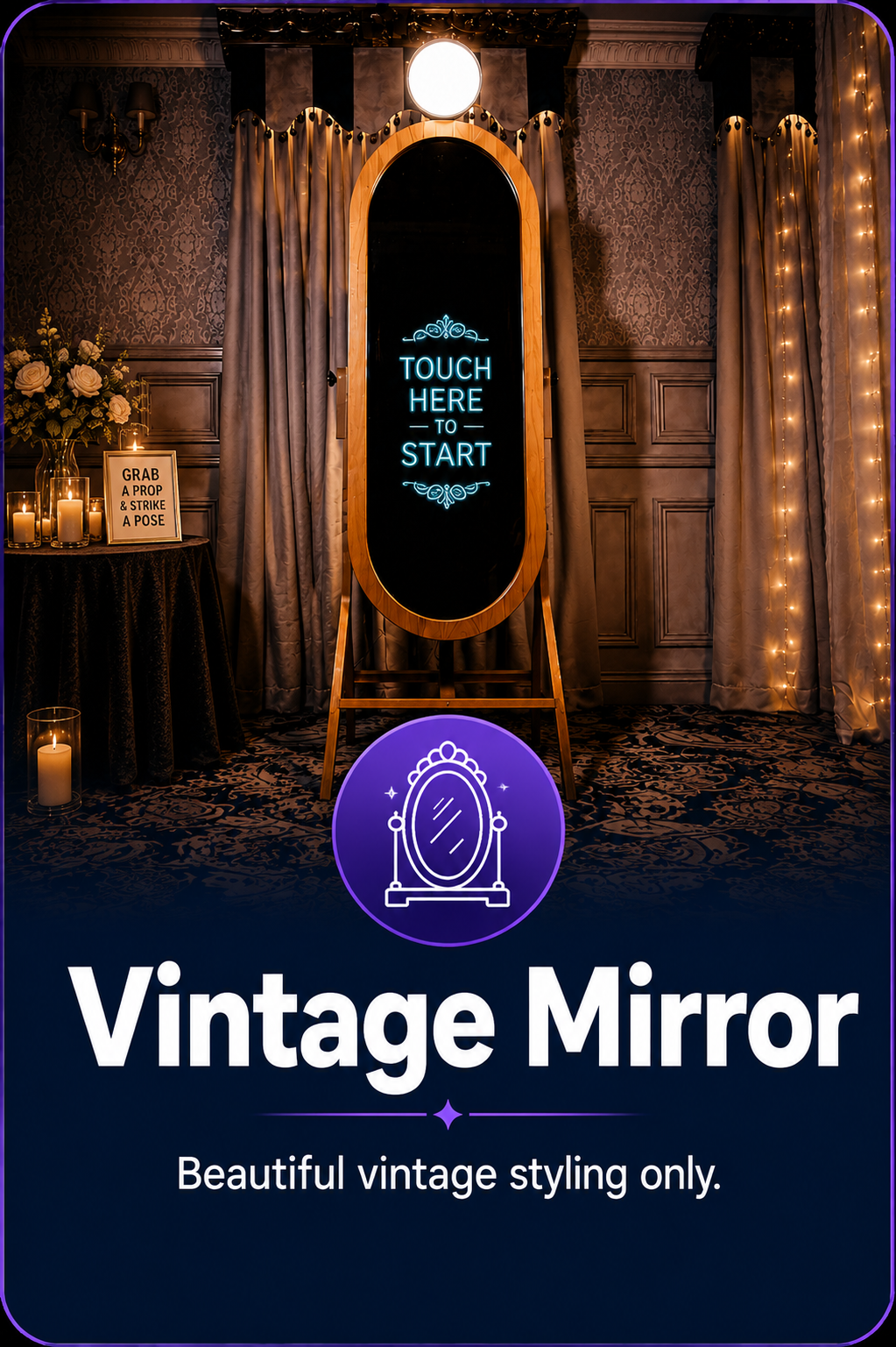 Vintage mirror photo booth with elegant wooden frame for weddings and celebrations