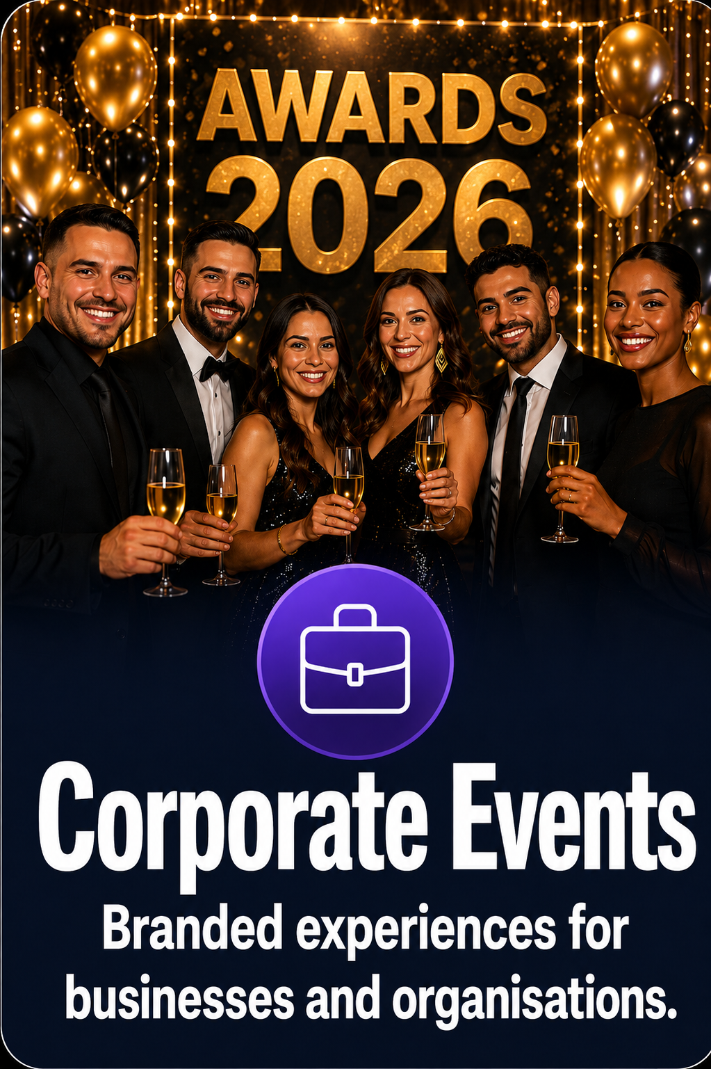Corporate guests enjoying branded photo booth entertainment at a Surrey business event.