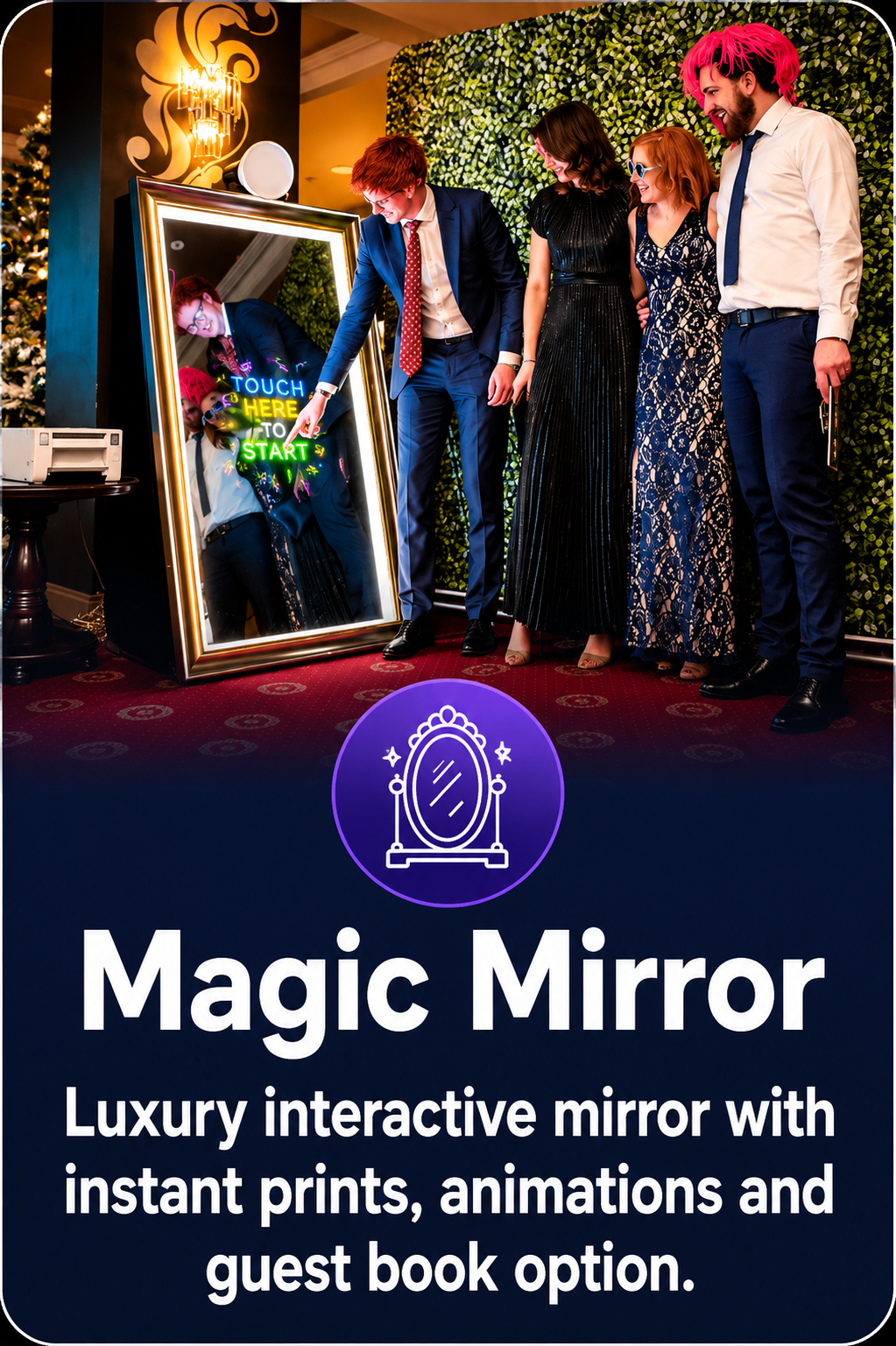 Luxury Magic Mirror photo booth with guests enjoying instant prints at a Surrey event.