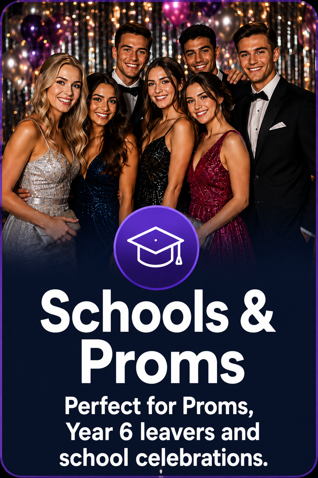 Students enjoying a photo booth at a Surrey school prom celebration.