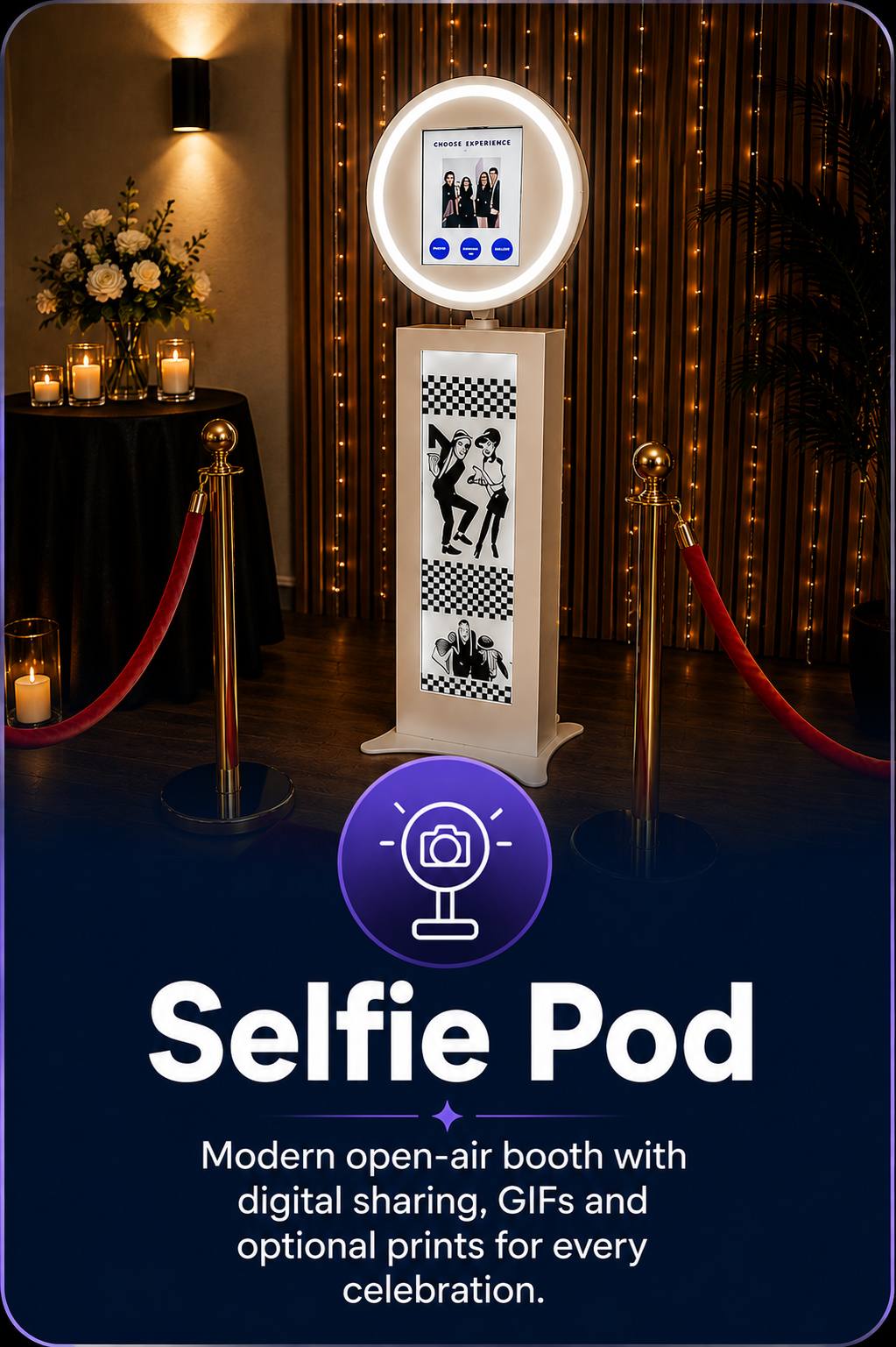 Modern selfie pod photo booth with instant digital sharing and optional prints