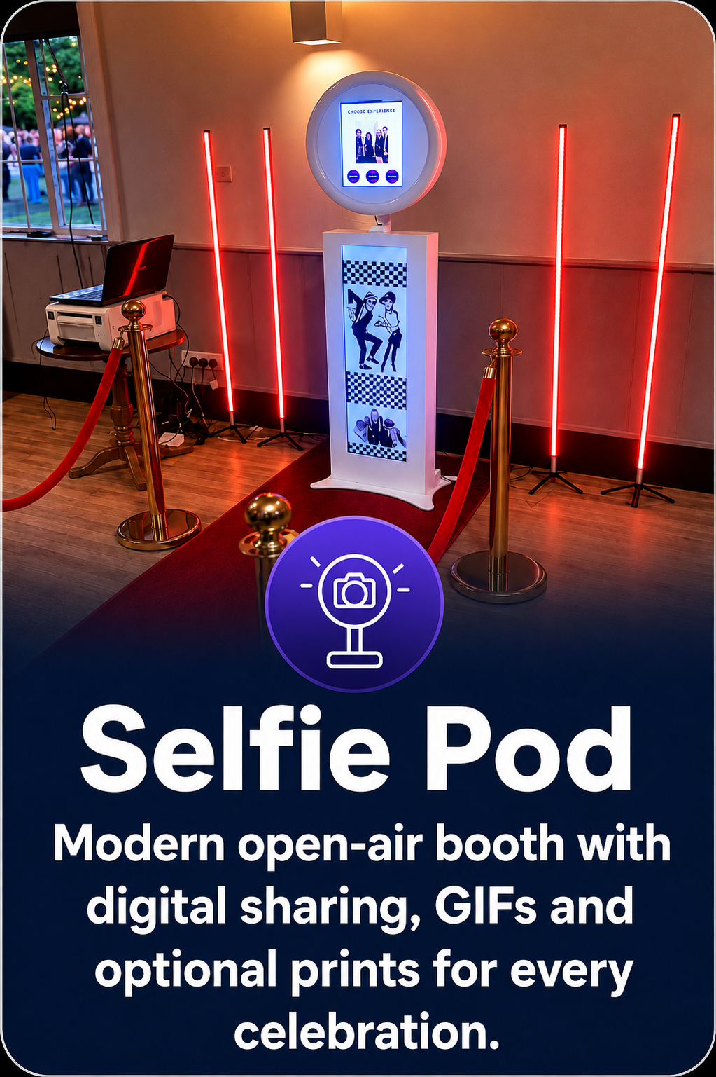 Modern Selfie Pod photo booth with digital sharing, GIFs and optional instant prints at a Surrey event.