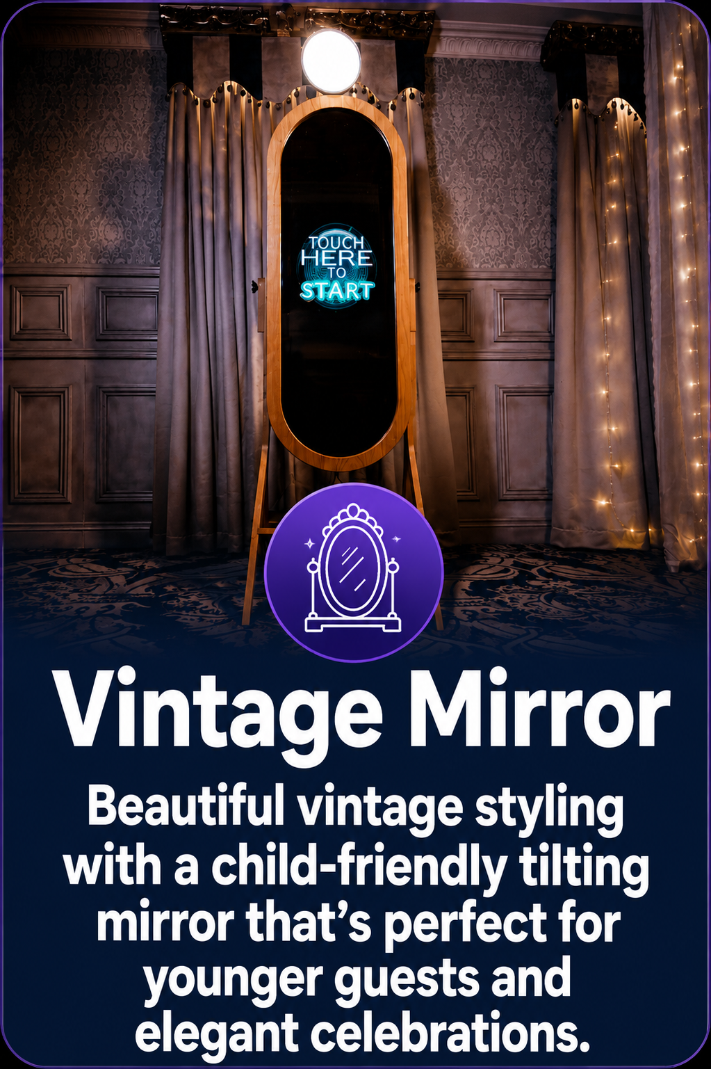 Vintage Magic Mirror photo booth with elegant wooden frame at a Surrey wedding and party venue.