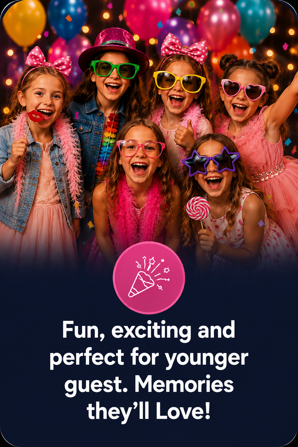 Children enjoying a fun photo booth party with colourful props and balloons in Surrey.