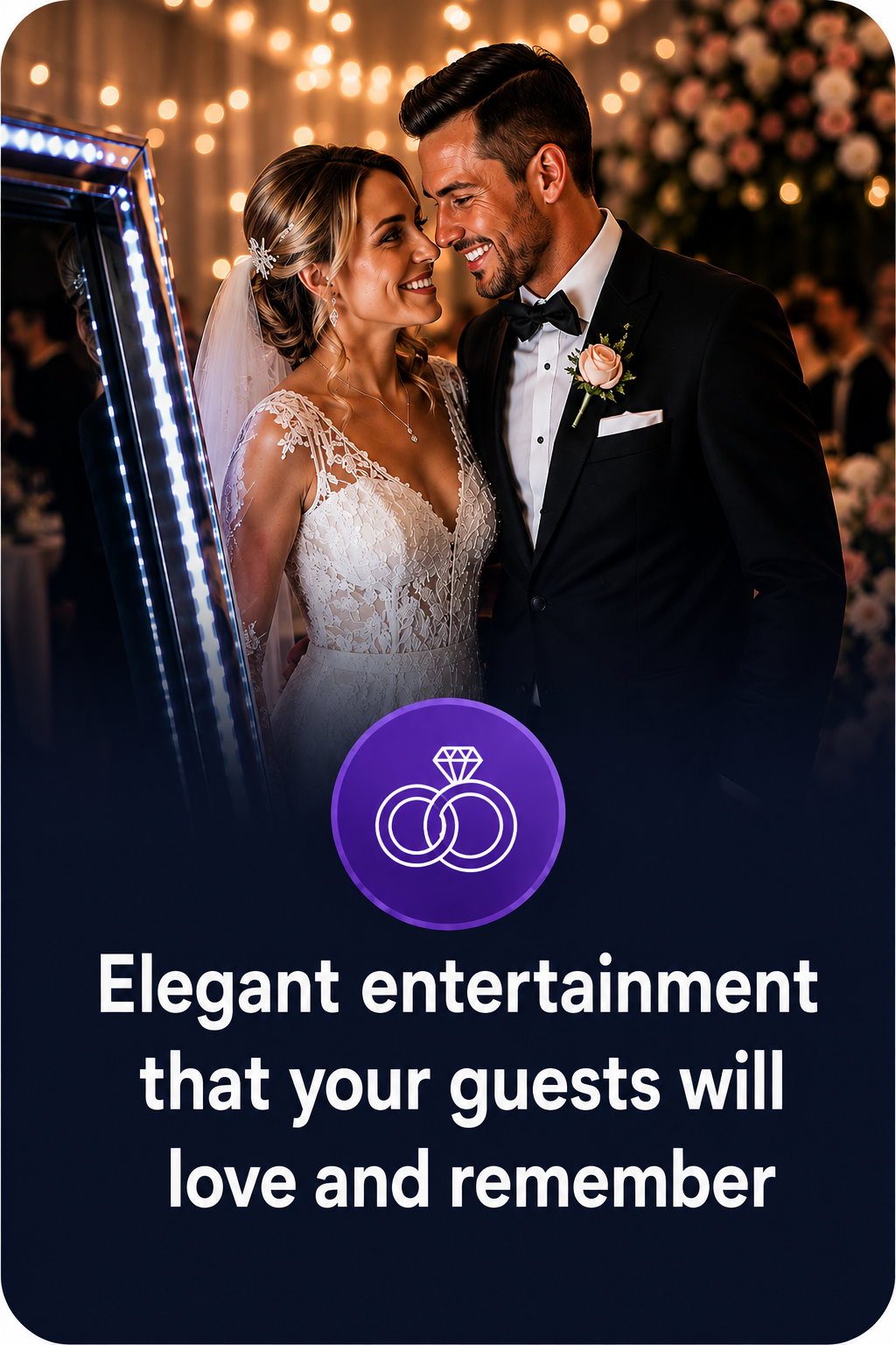 Bride and groom enjoying Giggling Genie wedding photo booth hire at a Surrey wedding reception.