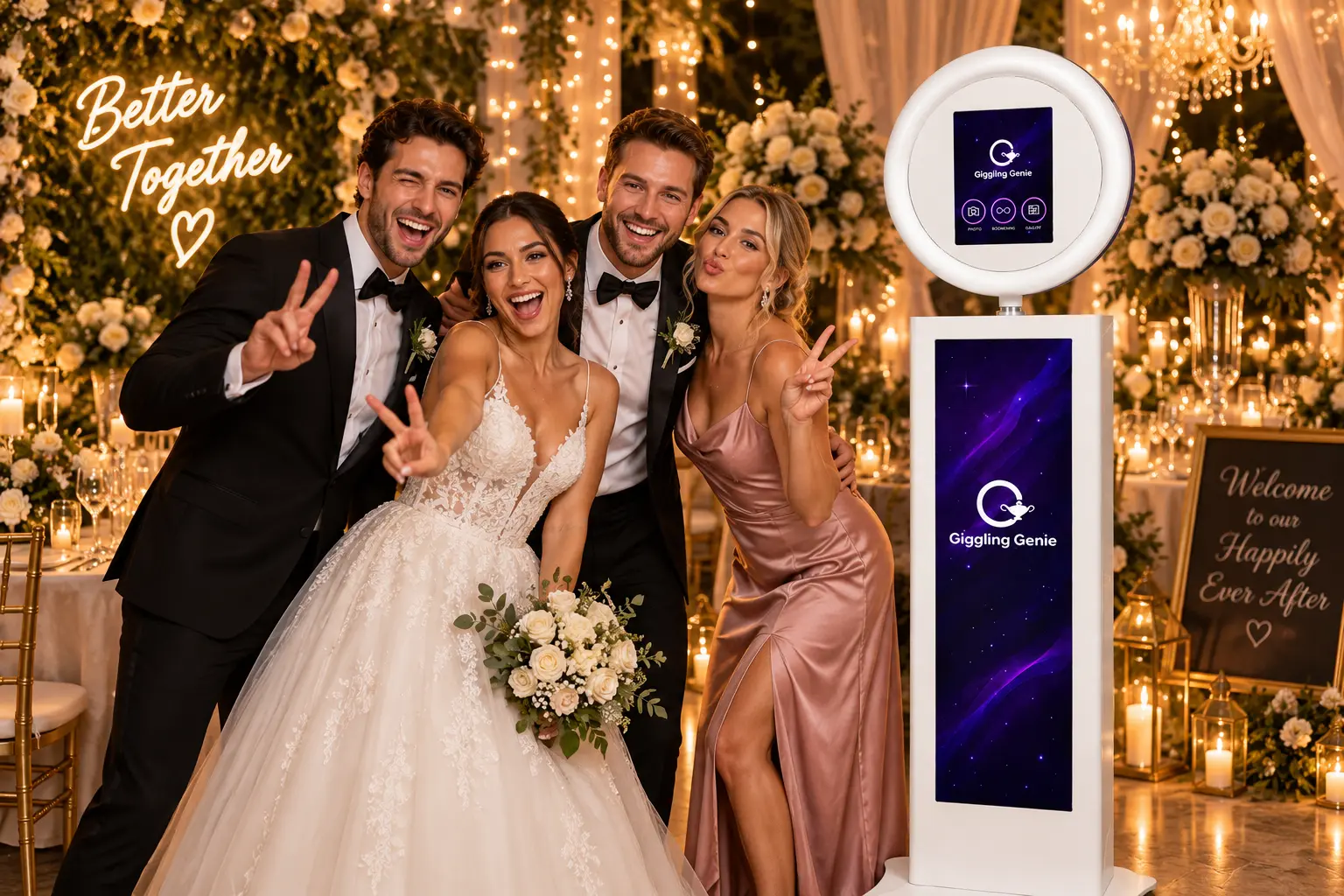 Digital Selfie Pod with wedding guests at a Surrey wedding reception