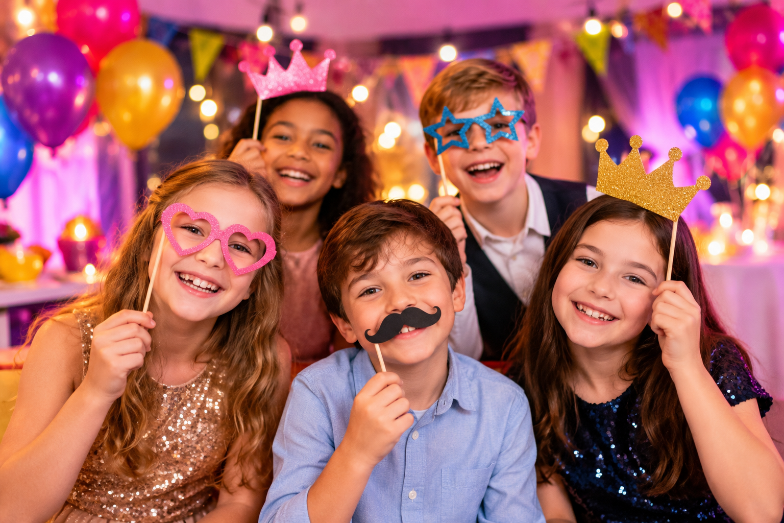 Children enjoying fun photo booth props at a party in Surrey