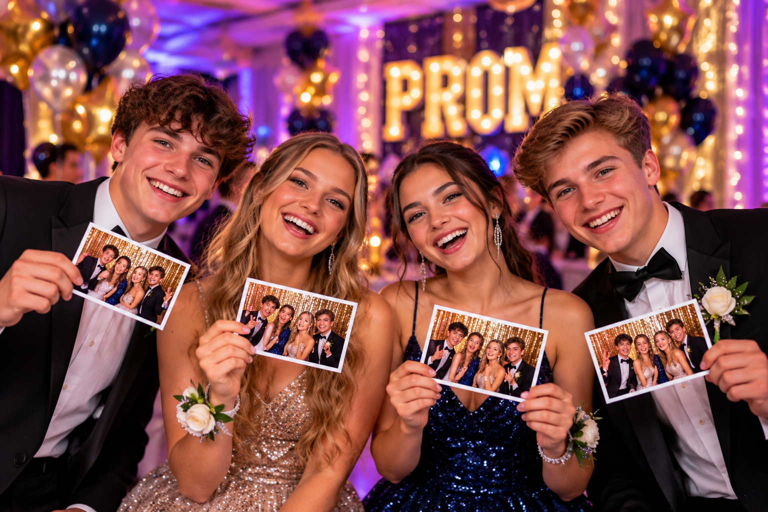 Students holding 6x4 photo booth prints at a school prom in Surrey